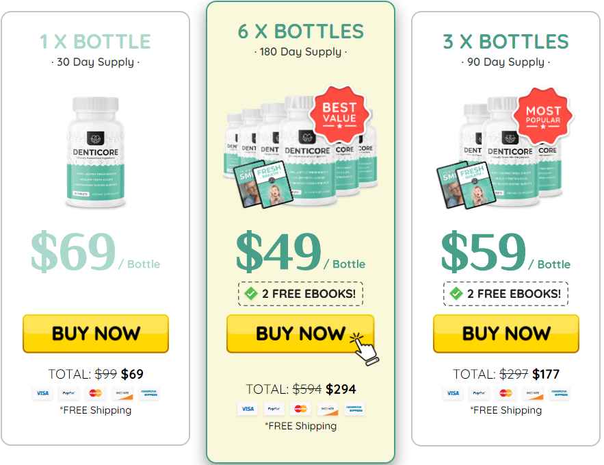 DentiCore Pricing — 1, 3 or 6 Bottle Packages